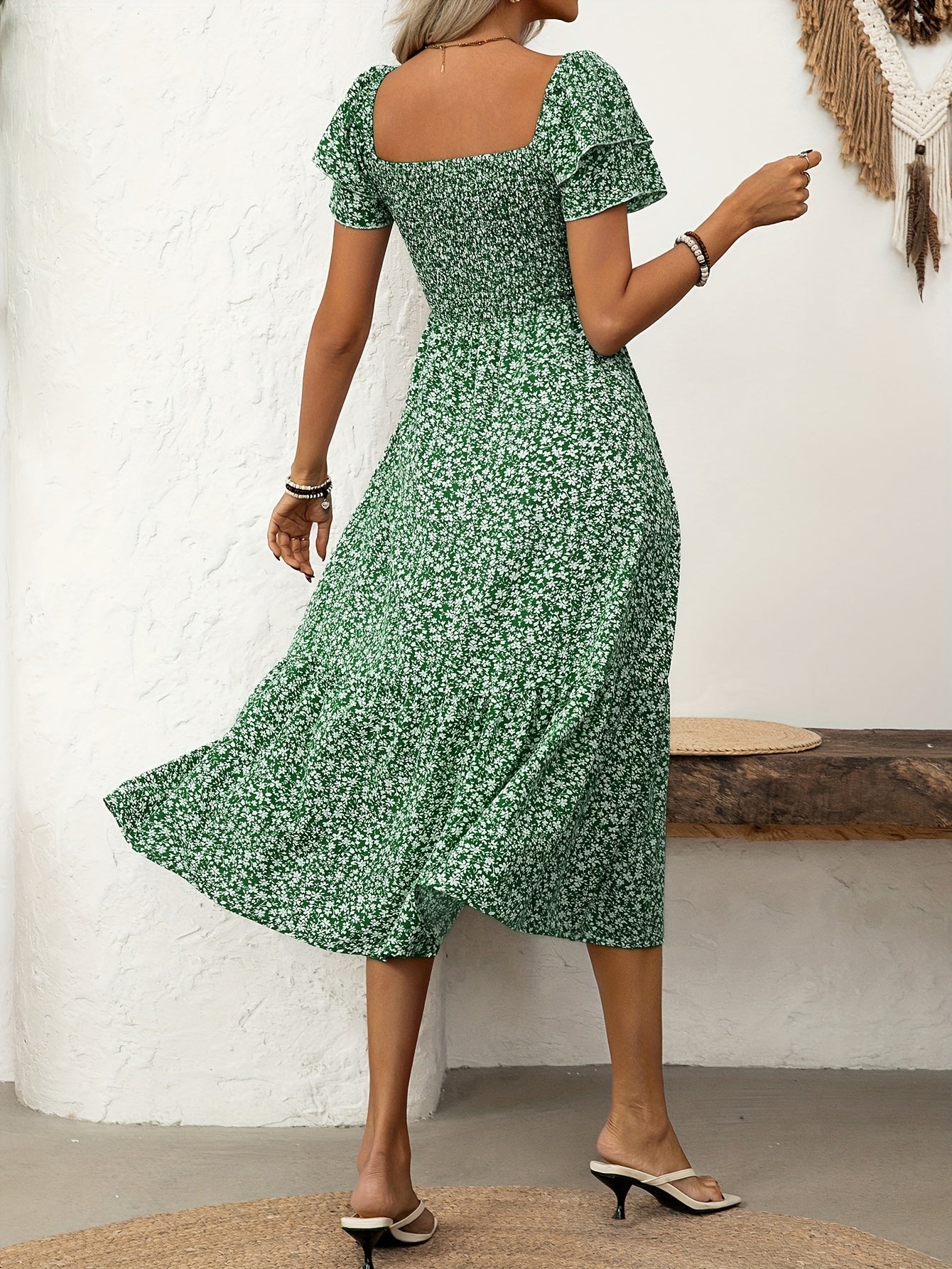 Florine | Midi-jurk met bloemenprint en rucherand