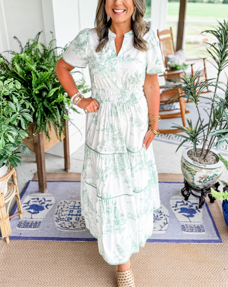 Aurélie | Maxi-jurk met groene toileprint en smocktaille