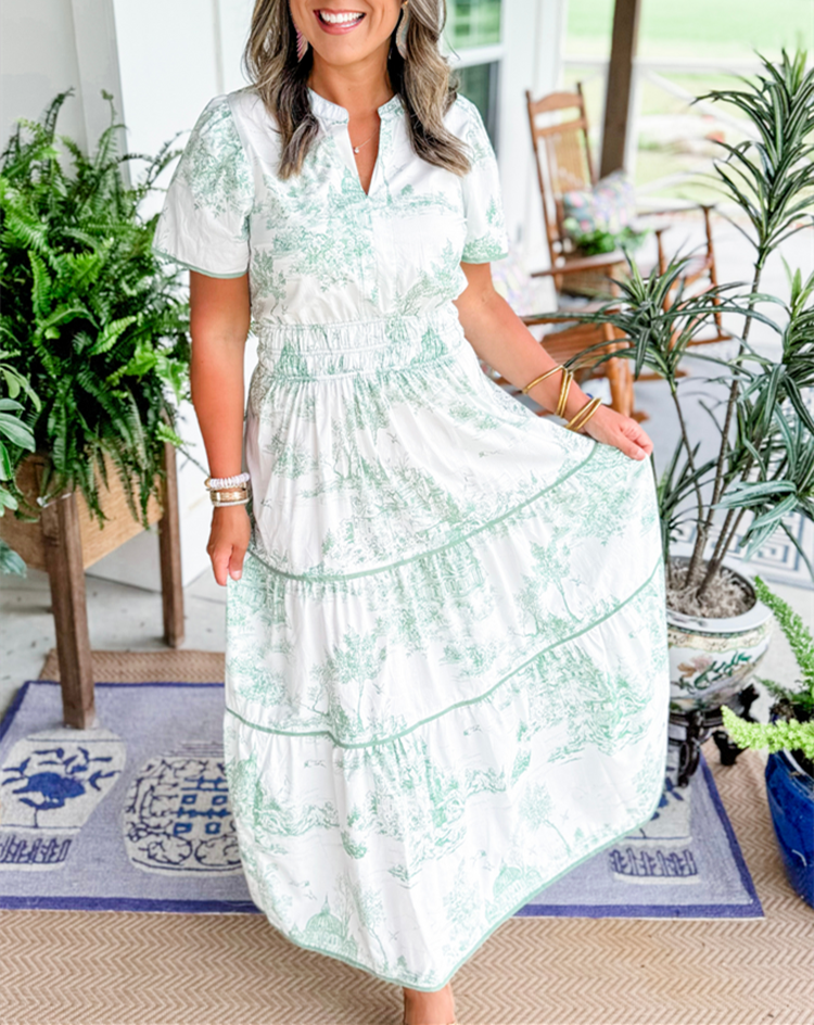 Aurélie | Maxi-jurk met groene toileprint en smocktaille