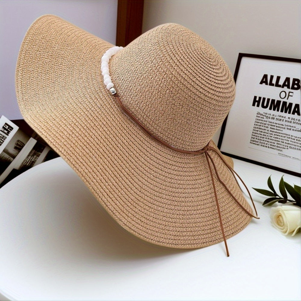 Vrouwen Strohoed met Brede Rand en Parelaccenten - Natuurlijk Beige Zonnehoed voor Strand, Reizen & Buitenactiviteiten, Ademend Lichtgewicht Ontwerp