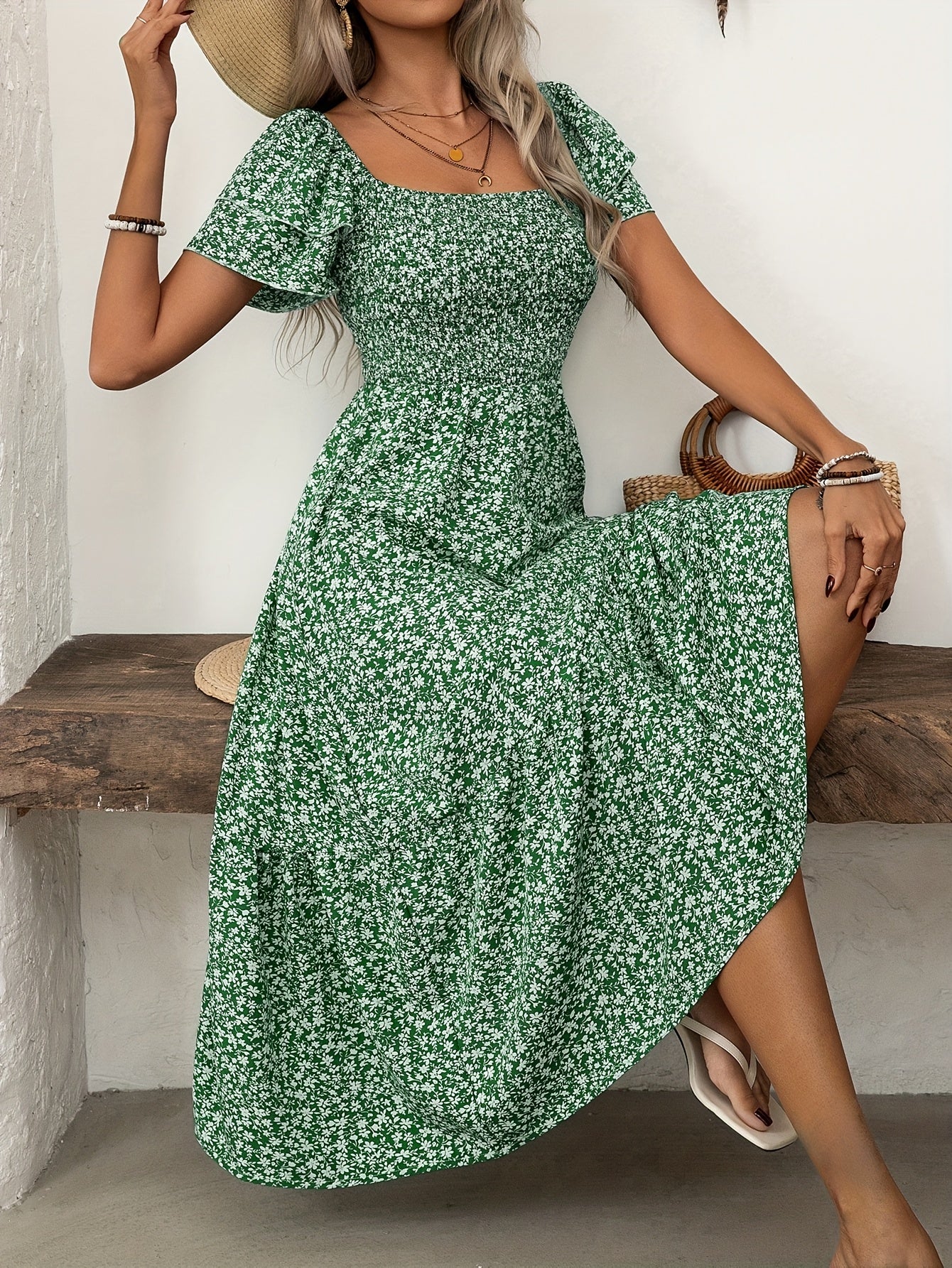 Florine | Midi-jurk met bloemenprint en rucherand
