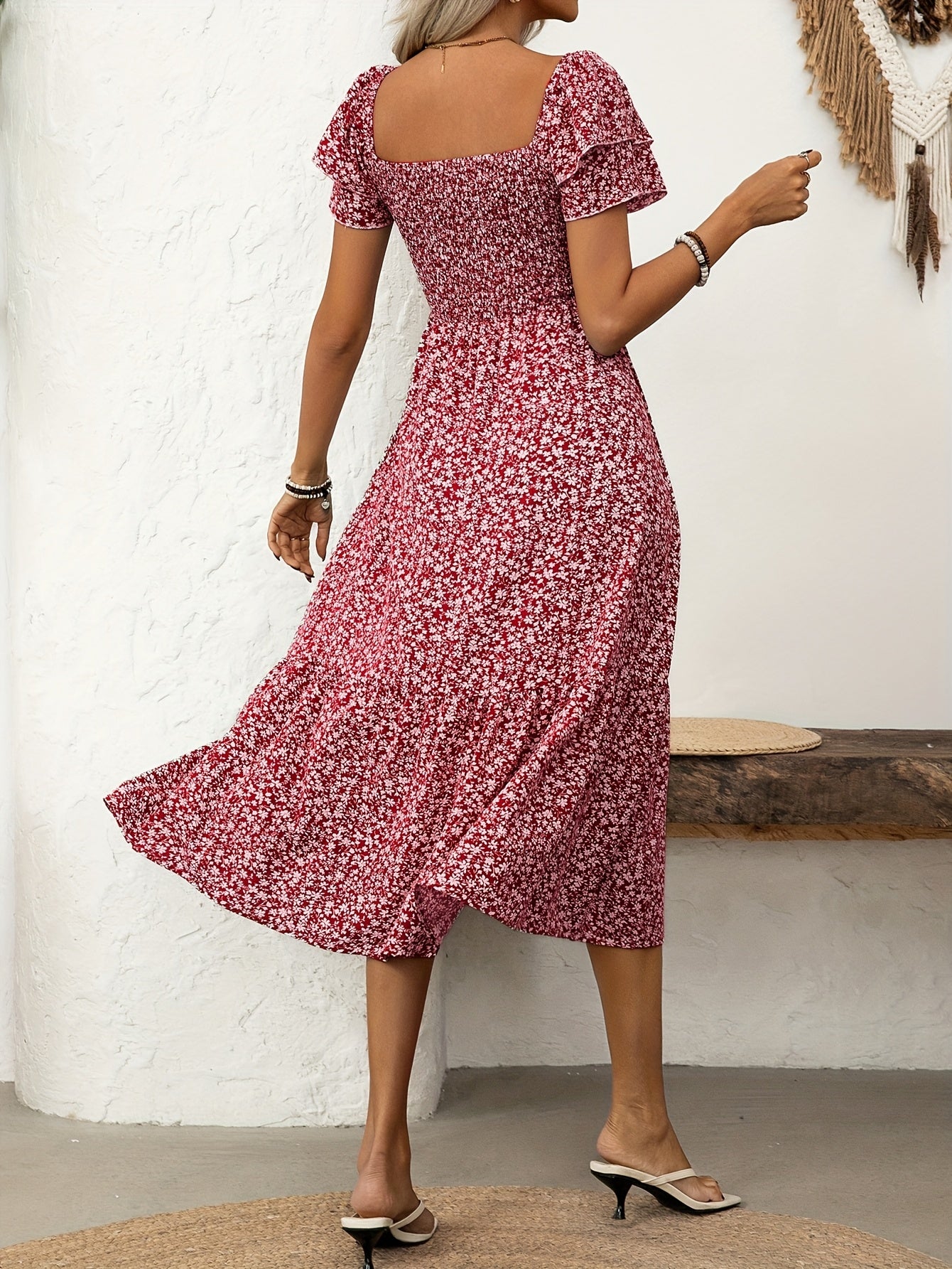 Florine | Midi-jurk met bloemenprint en rucherand
