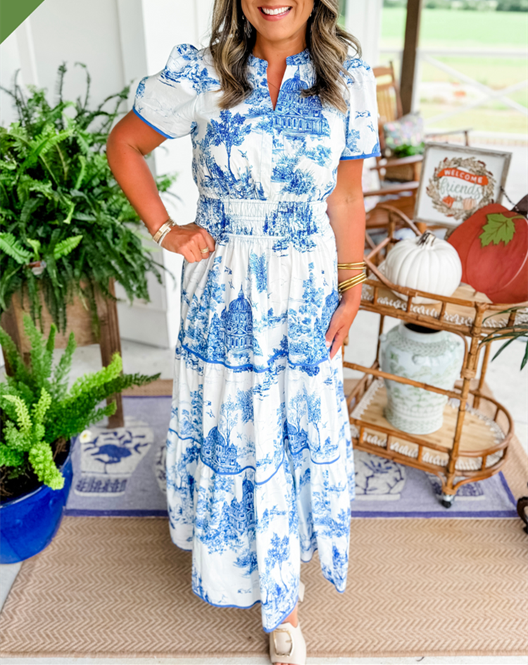 Aurélie | Maxi-jurk met groene toileprint en smocktaille