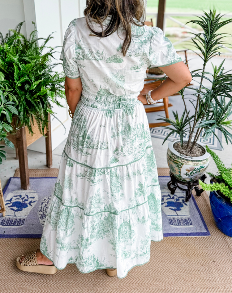 Aurélie | Maxi-jurk met groene toileprint en smocktaille