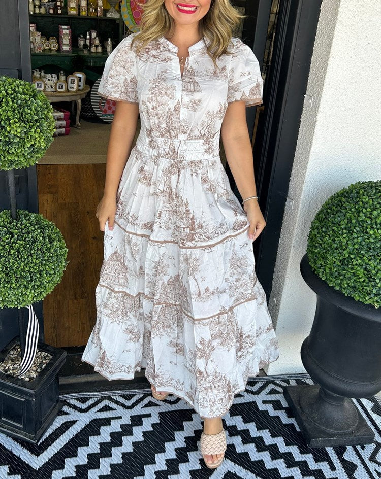 Aurélie | Maxi-jurk met groene toileprint en smocktaille