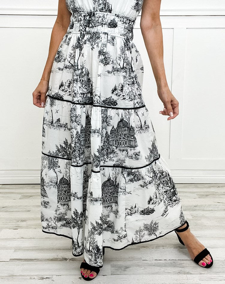 Aurélie | Maxi-jurk met groene toileprint en smocktaille