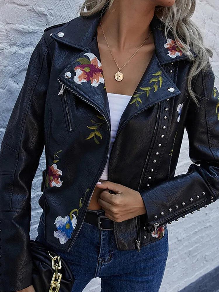 Isabelle - Leren Jas met Bloemenmotief