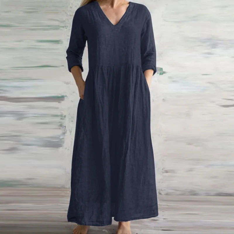 Women Cotton And Linen Loose Dress Long Spring Autumn Casual Half-sleeved Simple Style Long Dress solid Vestidos Female