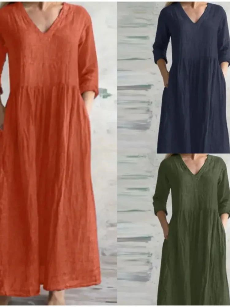 Women Cotton And Linen Loose Dress Long Spring Autumn Casual Half-sleeved Simple Style Long Dress solid Vestidos Female