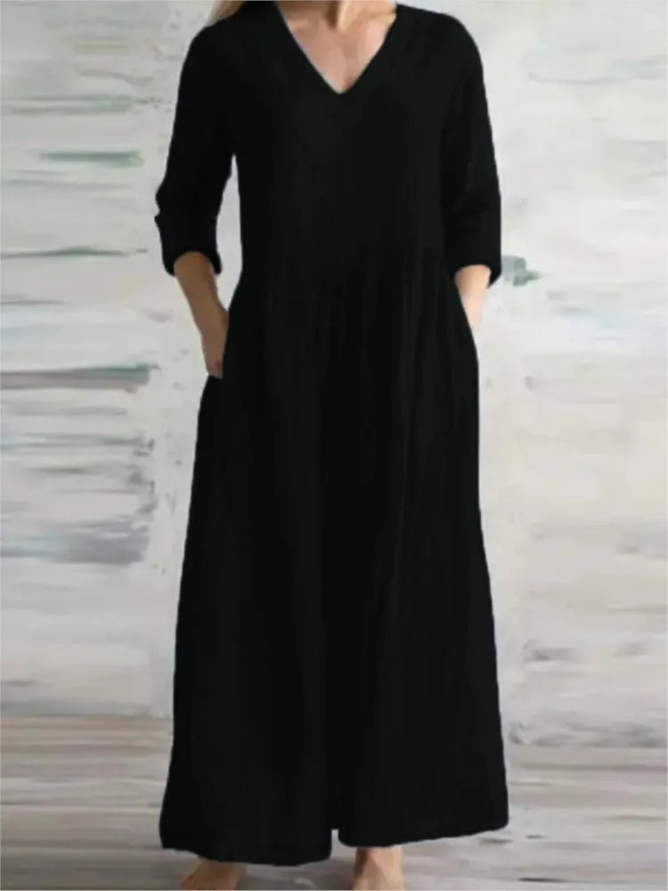 Women Cotton And Linen Loose Dress Long Spring Autumn Casual Half-sleeved Simple Style Long Dress solid Vestidos Female