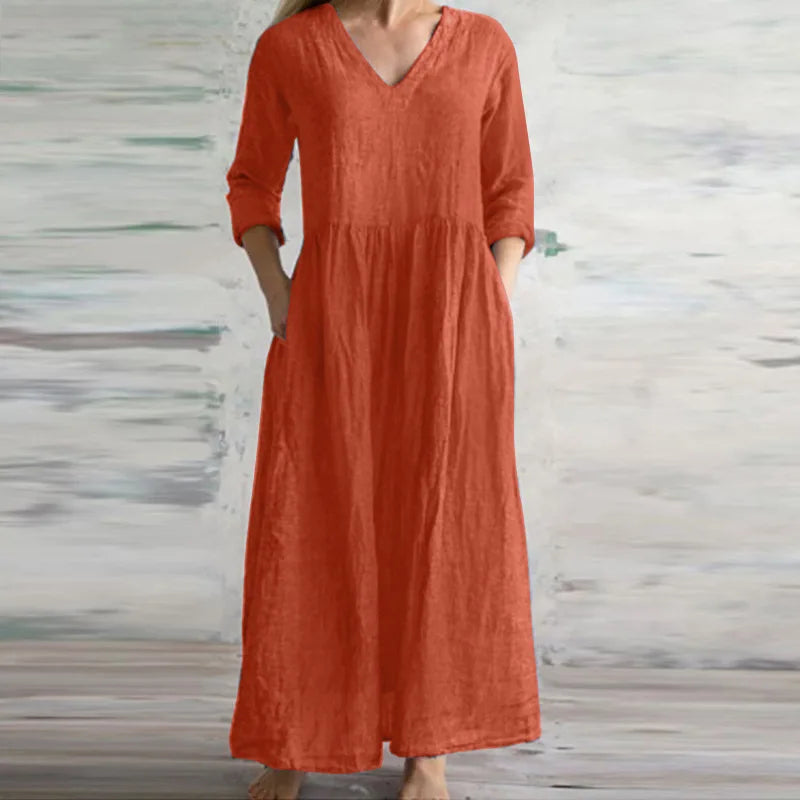Women Cotton And Linen Loose Dress Long Spring Autumn Casual Half-sleeved Simple Style Long Dress solid Vestidos Female