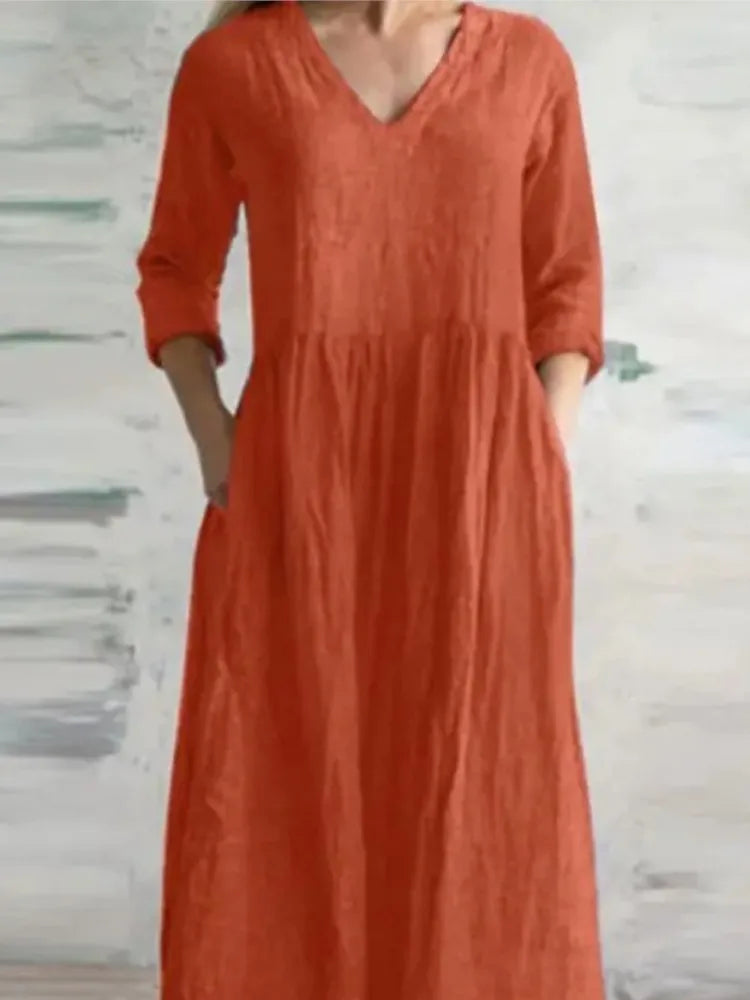 Women Cotton And Linen Loose Dress Long Spring Autumn Casual Half-sleeved Simple Style Long Dress solid Vestidos Female