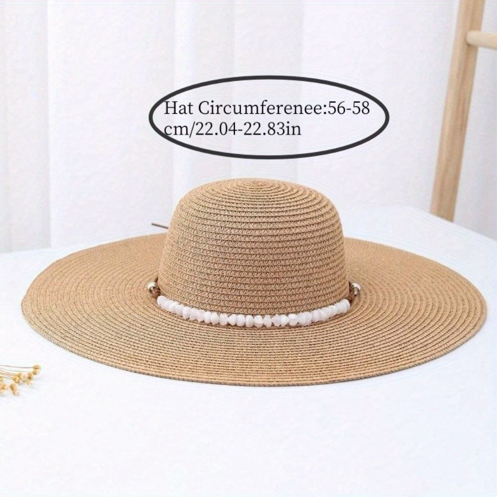 Vrouwen Strohoed met Brede Rand en Parelaccenten - Natuurlijk Beige Zonnehoed voor Strand, Reizen & Buitenactiviteiten, Ademend Lichtgewicht Ontwerp
