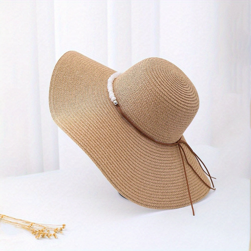 Vrouwen Strohoed met Brede Rand en Parelaccenten - Natuurlijk Beige Zonnehoed voor Strand, Reizen & Buitenactiviteiten, Ademend Lichtgewicht Ontwerp