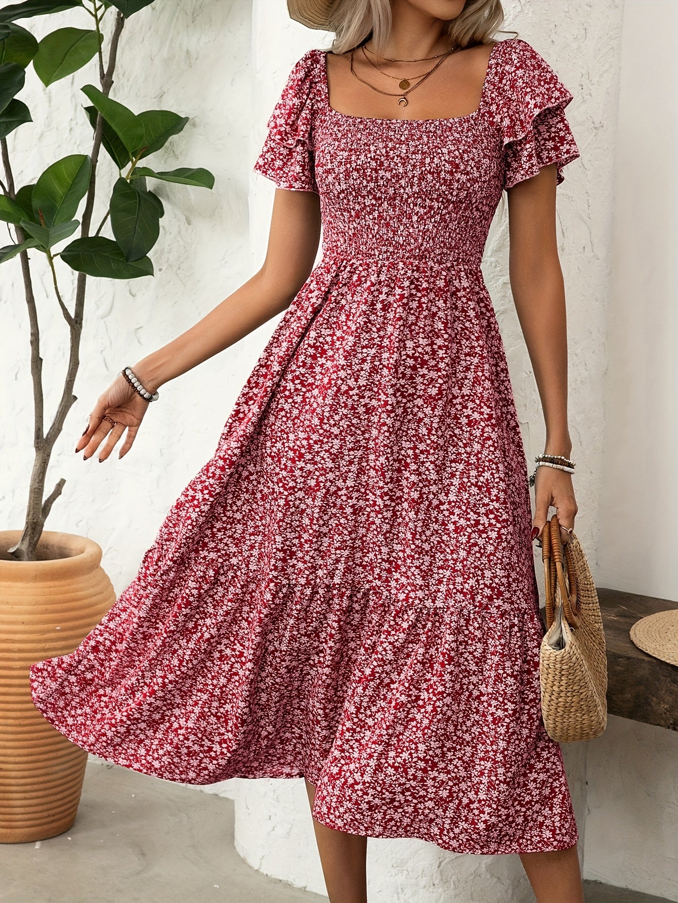 Florine | Midi-jurk met bloemenprint en rucherand