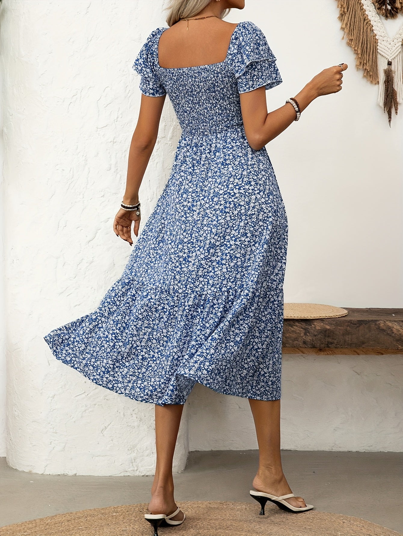 Florine | Midi-jurk met bloemenprint en rucherand