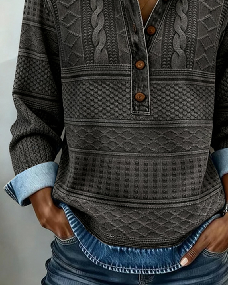 Bernadette | Button Collar Textured Sweatshirt