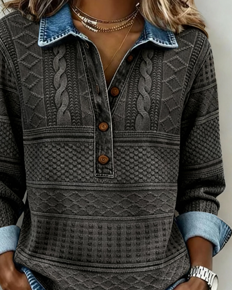 Bernadette | Button Collar Textured Sweatshirt