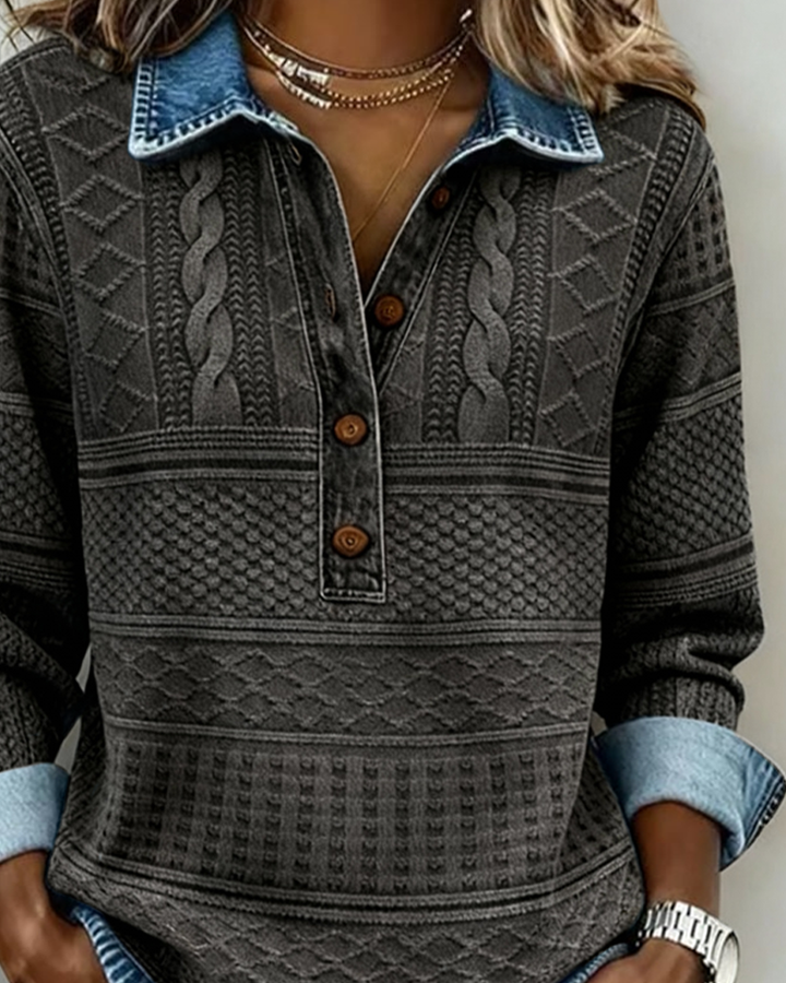 Bernadette | Button Collar Textured Sweatshirt