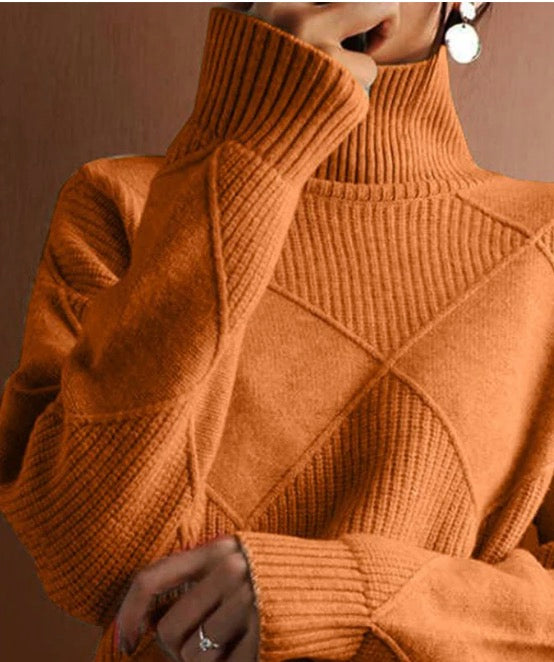 Orange Plain High Neck Long Sleeve Sweater