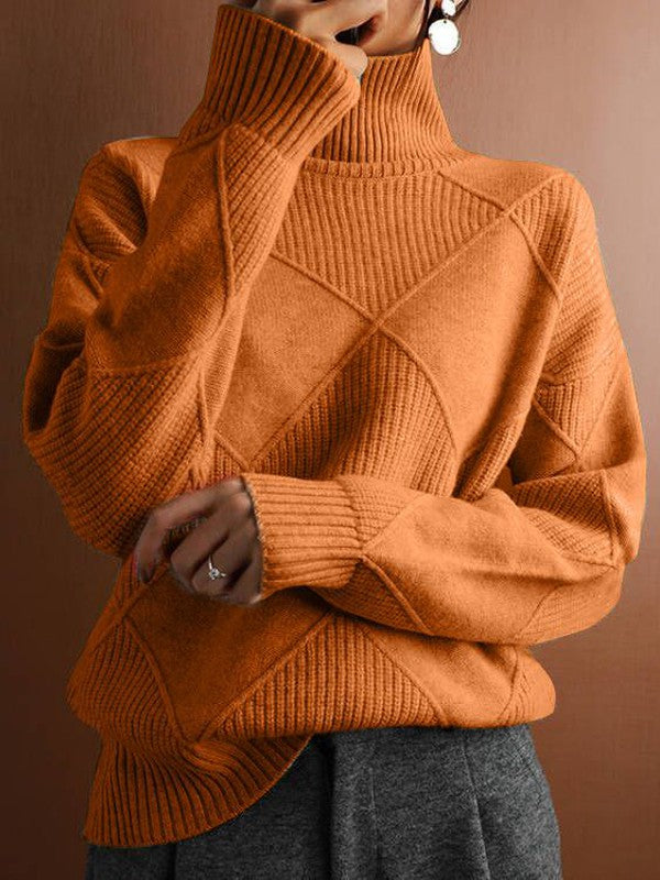 Orange Plain High Neck Long Sleeve Sweater