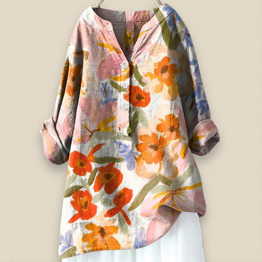 Camille | Bloemenblouse met luchtige pasvorm en mandarijnkraag