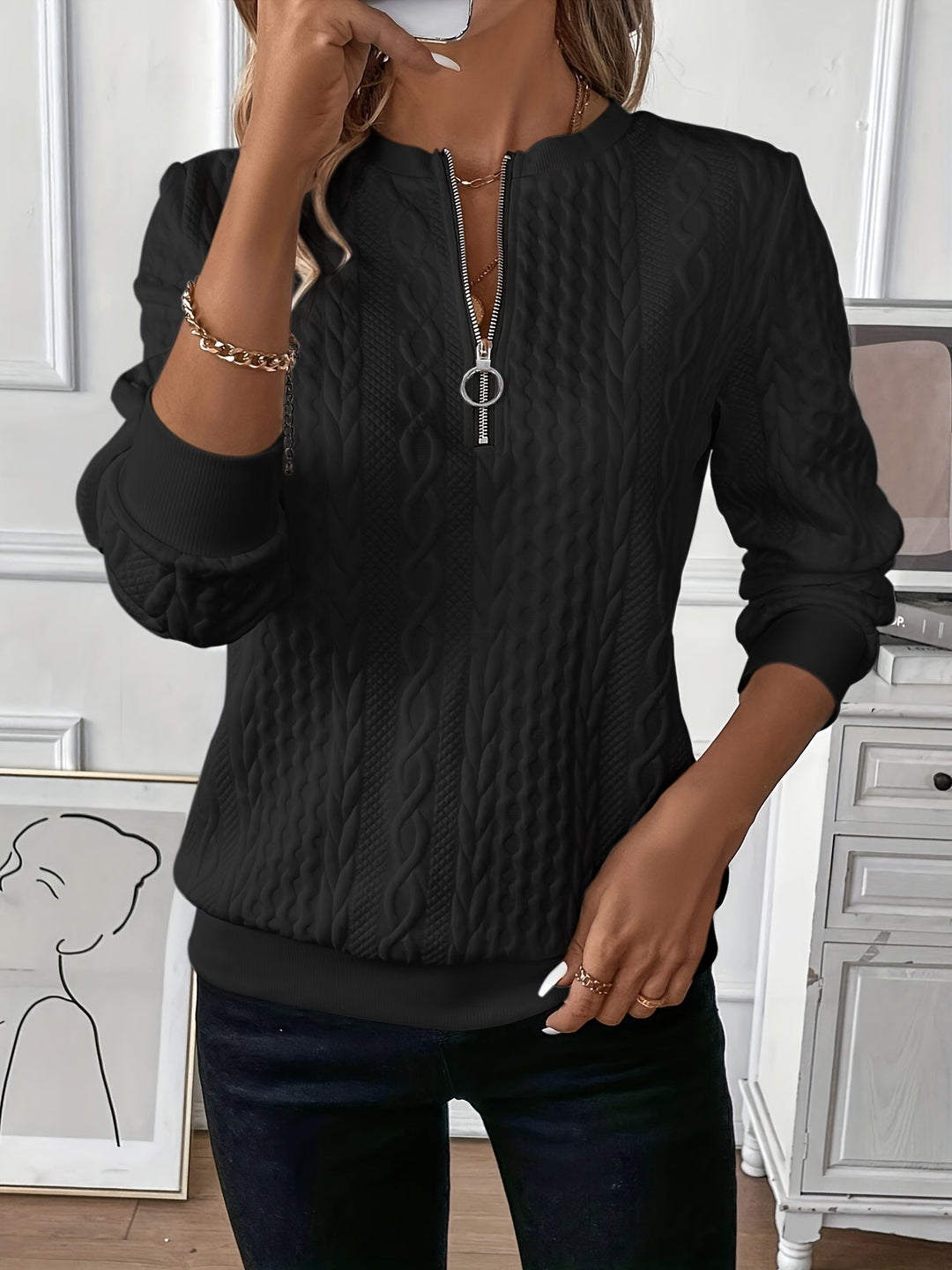 Serena | Zip Up Cable Knit Sweater