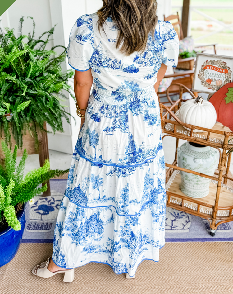 Aurélie | Maxi-jurk met groene toileprint en smocktaille
