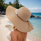 Vrouwen Strohoed met Brede Rand en Parelaccenten - Natuurlijk Beige Zonnehoed voor Strand, Reizen & Buitenactiviteiten, Ademend Lichtgewicht Ontwerp