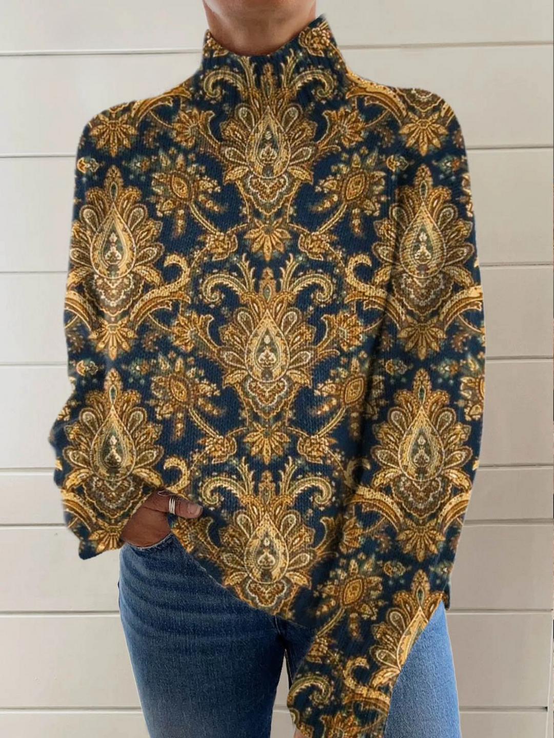 Miriam | Vintage floral artistic pattern turtleneck sweater