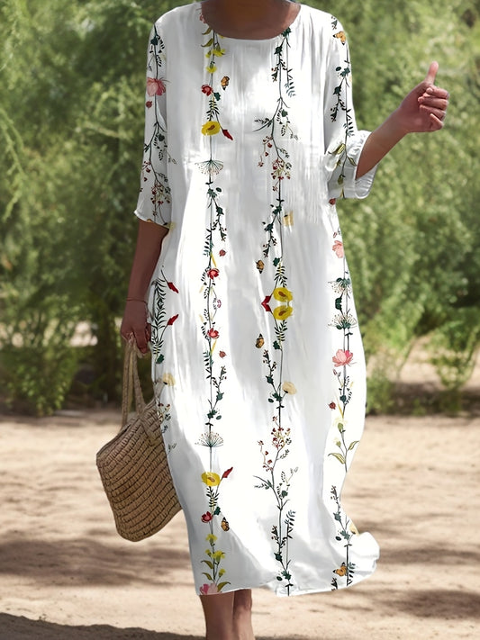 Éliane | Kimono-jurk met artistieke bloemenprint en ronde hals