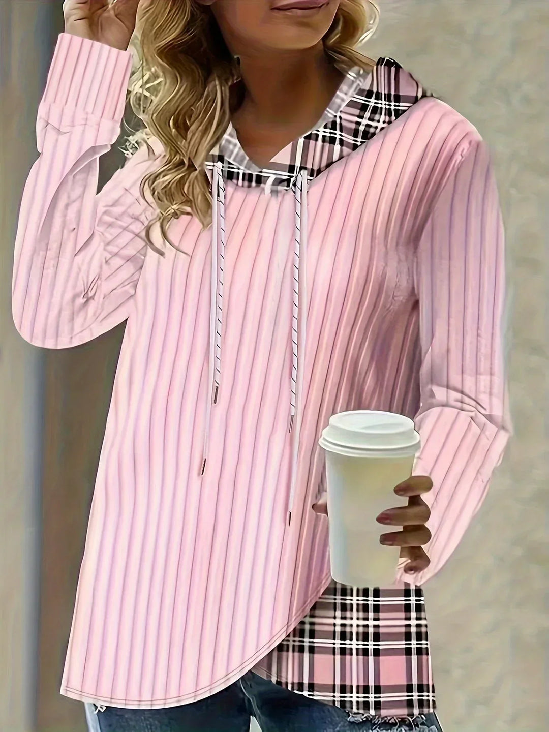 Maeve | Plaid-Trim Knit Hoodie