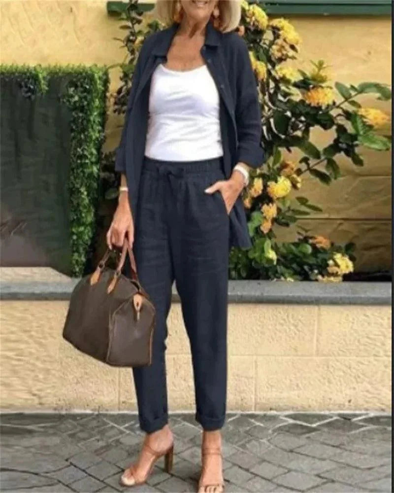 Conjunto Casual em Linho e Algodão Blusa + Calça + Brinde [Último Dia]