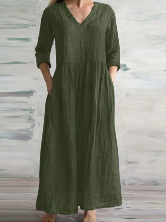 Women Cotton And Linen Loose Dress Long Spring Autumn Casual Half-sleeved Simple Style Long Dress solid Vestidos Female