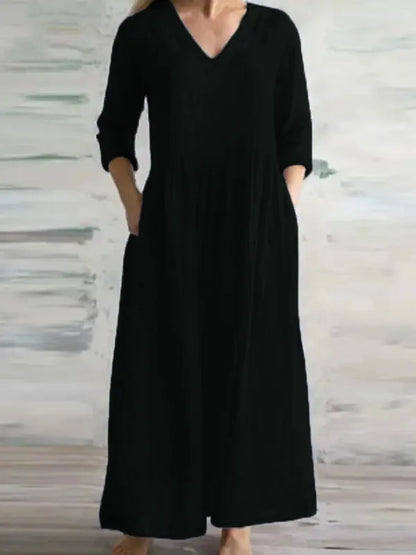 Women Cotton And Linen Loose Dress Long Spring Autumn Casual Half-sleeved Simple Style Long Dress solid Vestidos Female