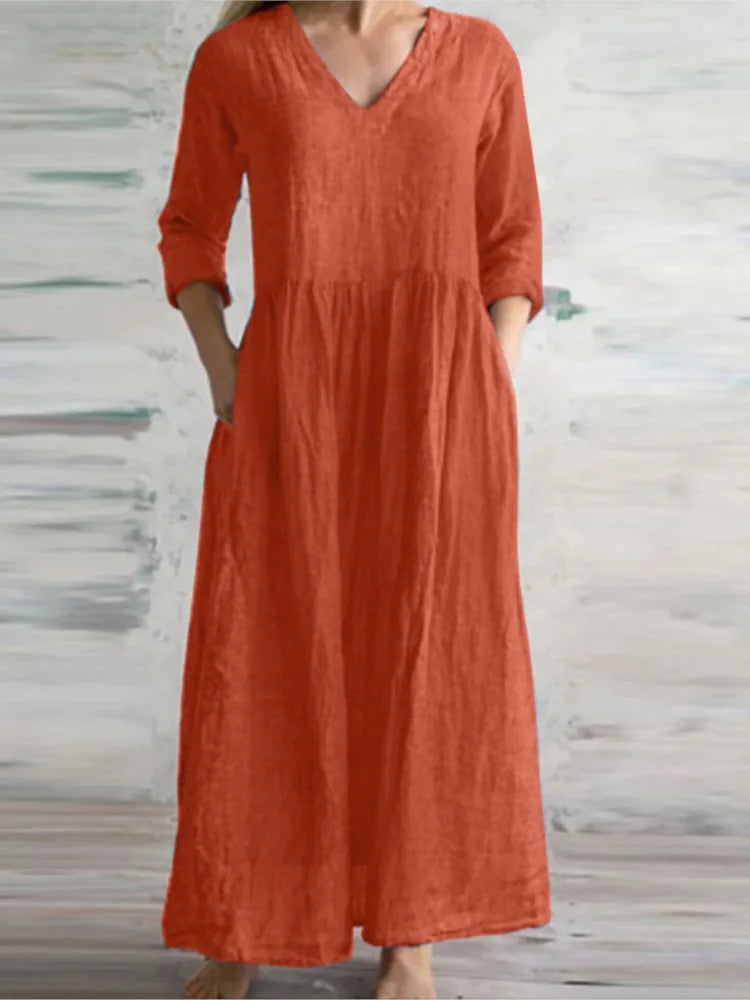 Women Cotton And Linen Loose Dress Long Spring Autumn Casual Half-sleeved Simple Style Long Dress solid Vestidos Female