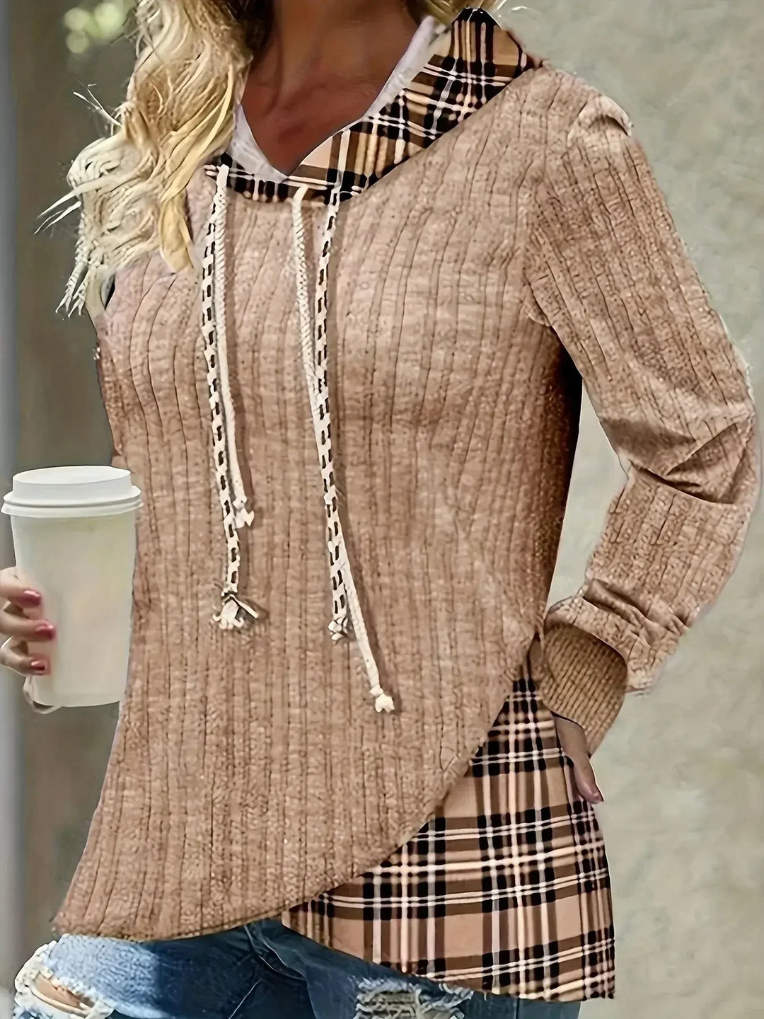 Maeve | Plaid-Trim Knit Hoodie