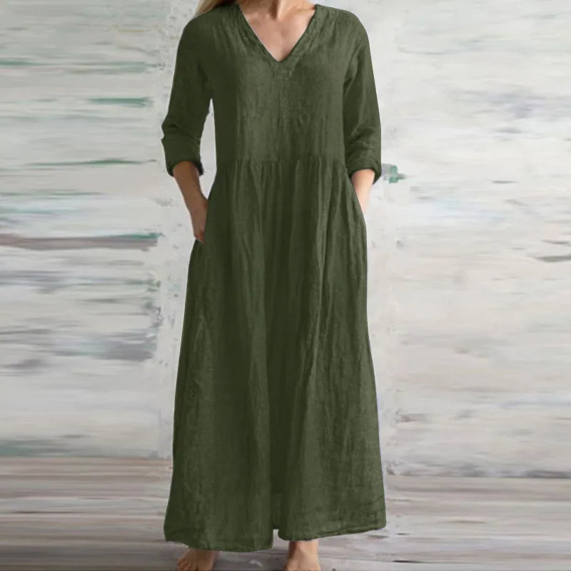 Women Cotton And Linen Loose Dress Long Spring Autumn Casual Half-sleeved Simple Style Long Dress solid Vestidos Female