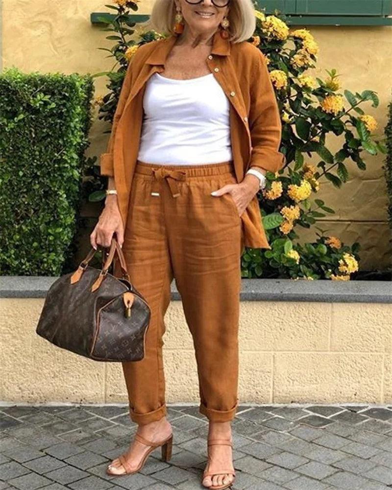Conjunto Casual em Linho e Algodão Blusa + Calça + Brinde [Último Dia]