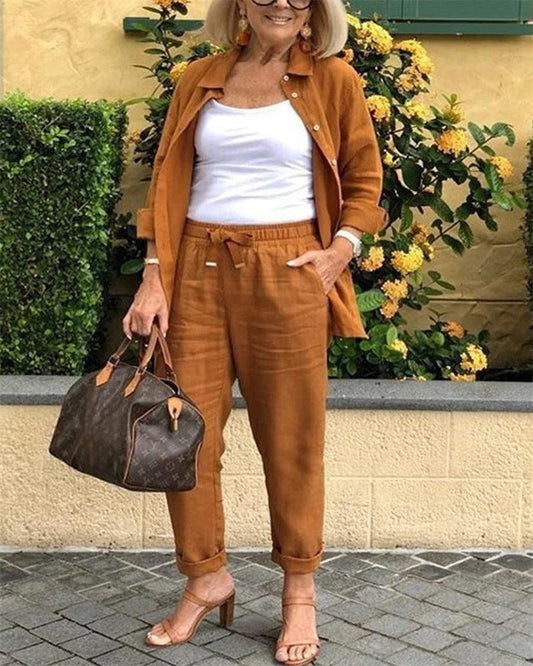 Conjunto Casual em Linho e Algodão Blusa + Calça + Brinde [Último Dia]