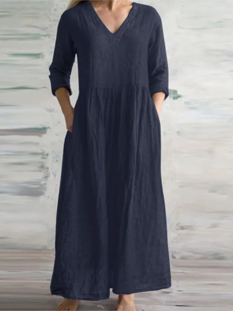 Women Cotton And Linen Loose Dress Long Spring Autumn Casual Half-sleeved Simple Style Long Dress solid Vestidos Female
