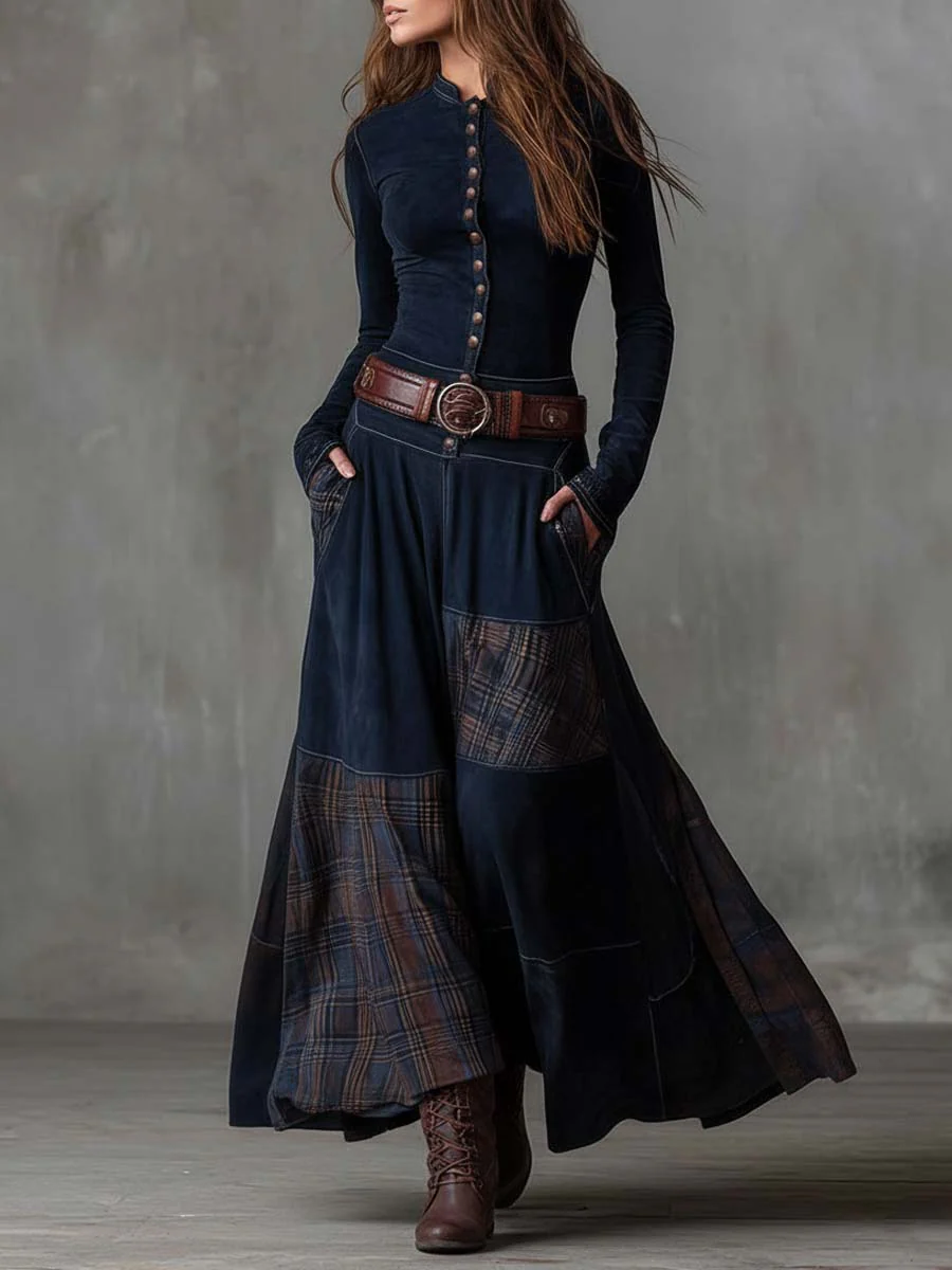Leonora | Vestito lungo vintage in camoscio a quadri blu navy (Include Cintura)