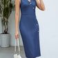 Vrouwen Mouwloze V-hals Midi Jurk - Effen Kleur met Knopen, Wasmachinebestendig, All-Seizoen Comfortabel, Stijlvol Casual voor Kantoor & Sociale Evenementen, Duurzaam Materiaal