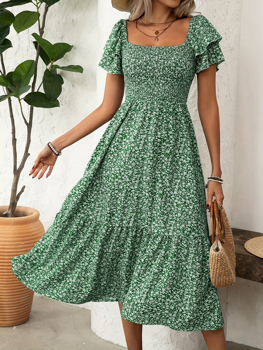 Florine | Midi-jurk met bloemenprint en rucherand