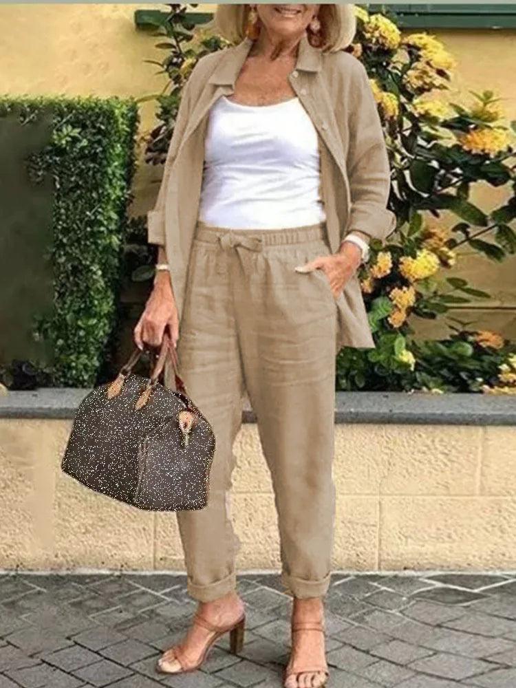 Conjunto Casual em Linho e Algodão Blusa + Calça + Brinde [Último Dia]