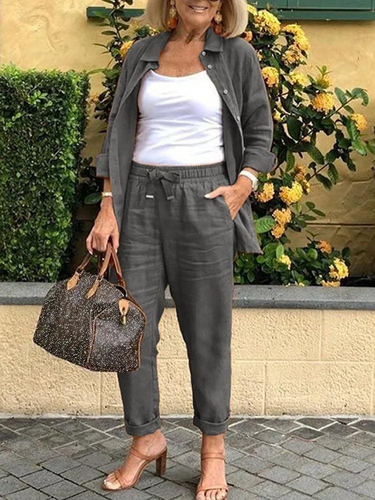 Conjunto Casual em Linho e Algodão Blusa + Calça + Brinde [Último Dia]