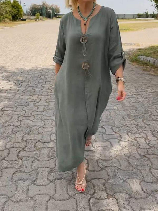 Nora | Casual Katoen-Linnen Jurk met V-hals