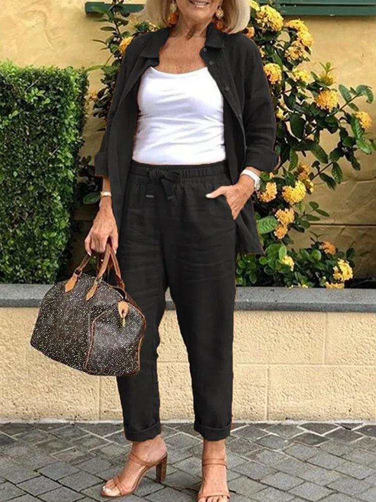 Conjunto Casual em Linho e Algodão Blusa + Calça + Brinde [Último Dia]